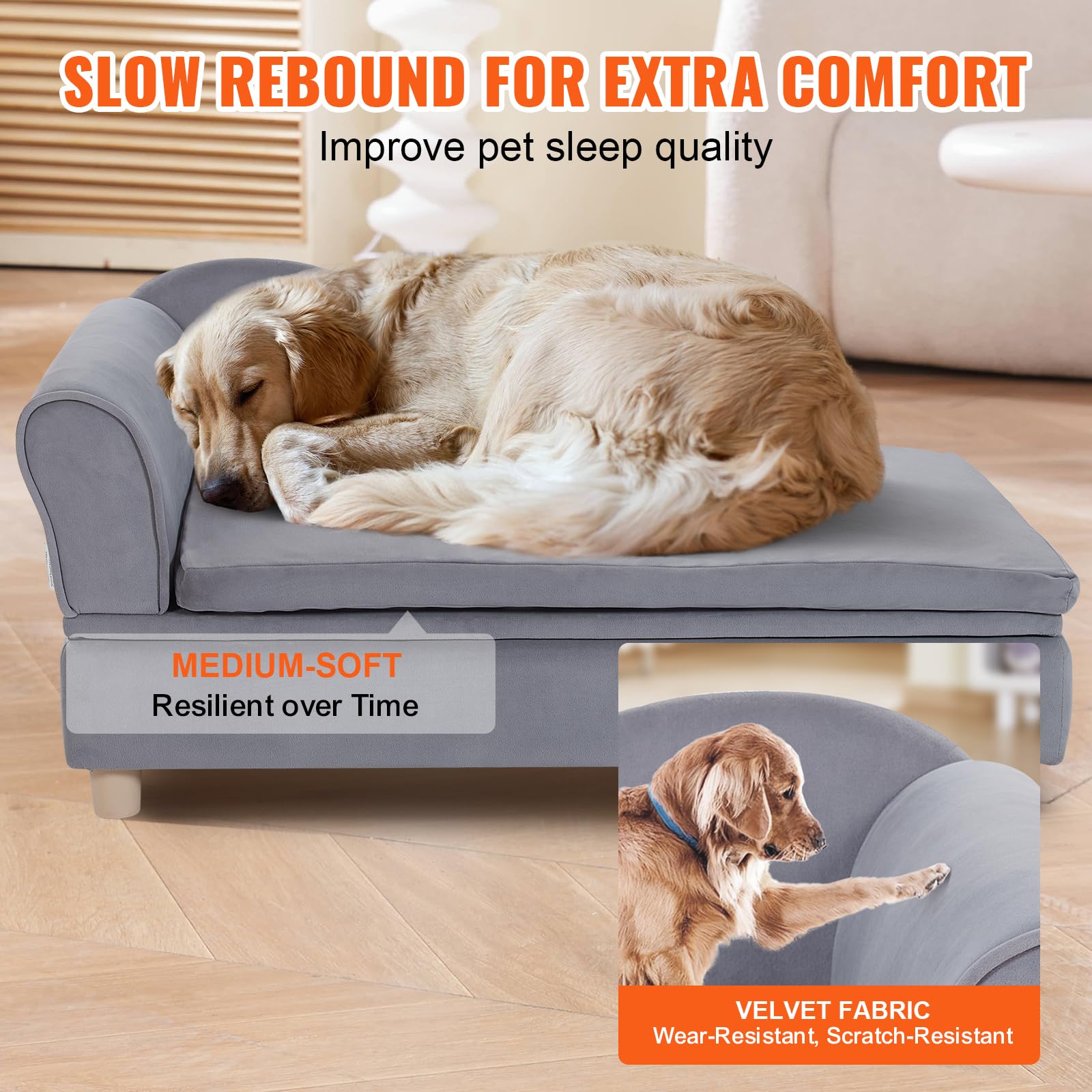 VEVOR Canapé pour animal de compagnie, panier pour chien de grande taille et chat, canapé-lit pour chiens en velours doux, canapé pour chats avec capacité de charge de 50 kg, gris, 91 x 58,5 x 41,5 cm
