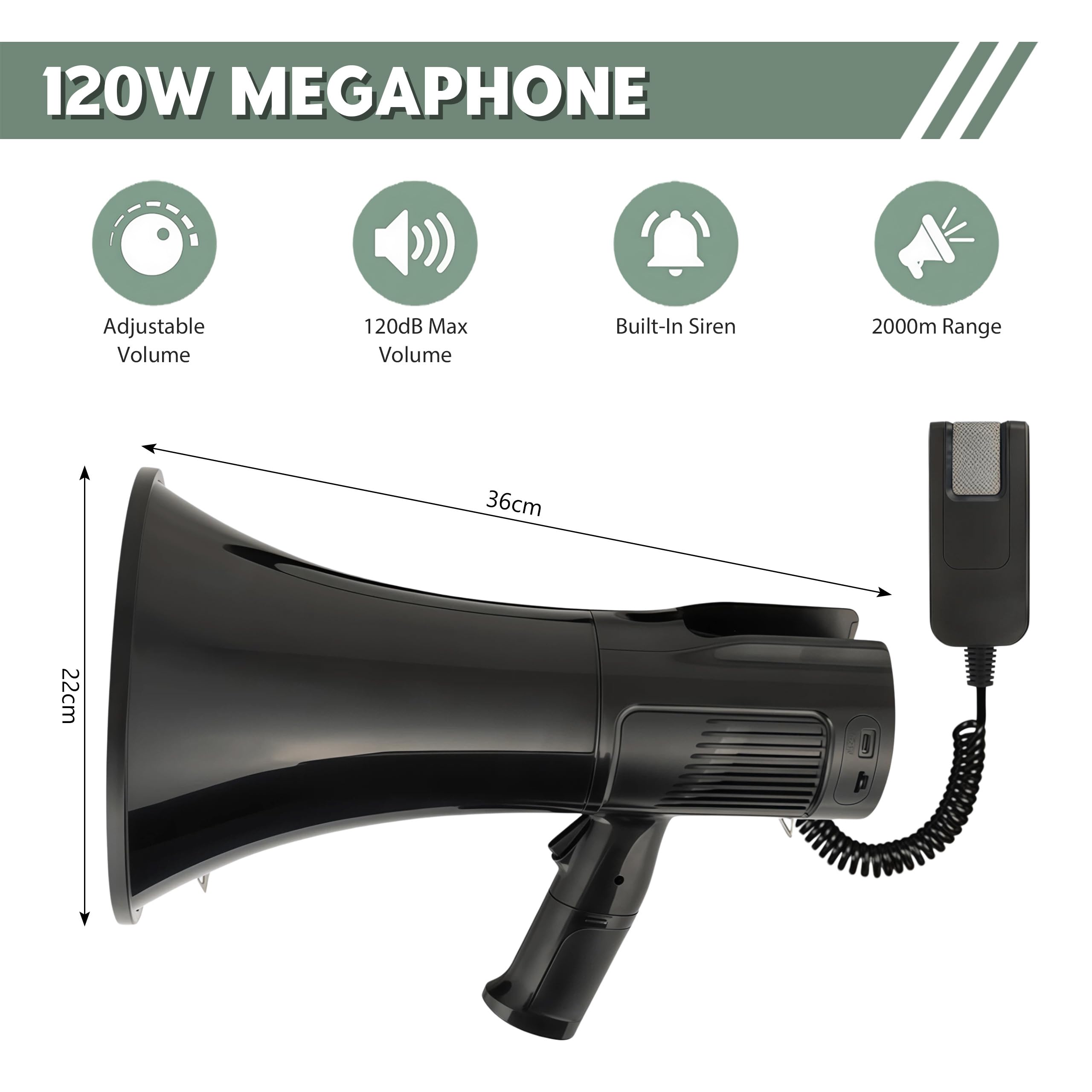 Megafono da 120 W con funzione di registrazione da 1000 secondi, portata massima 2000 m | Altoparlante portatile con sirena, 2 batterie per lezioni, formazione, turismo, emergenze e attività all'aperto