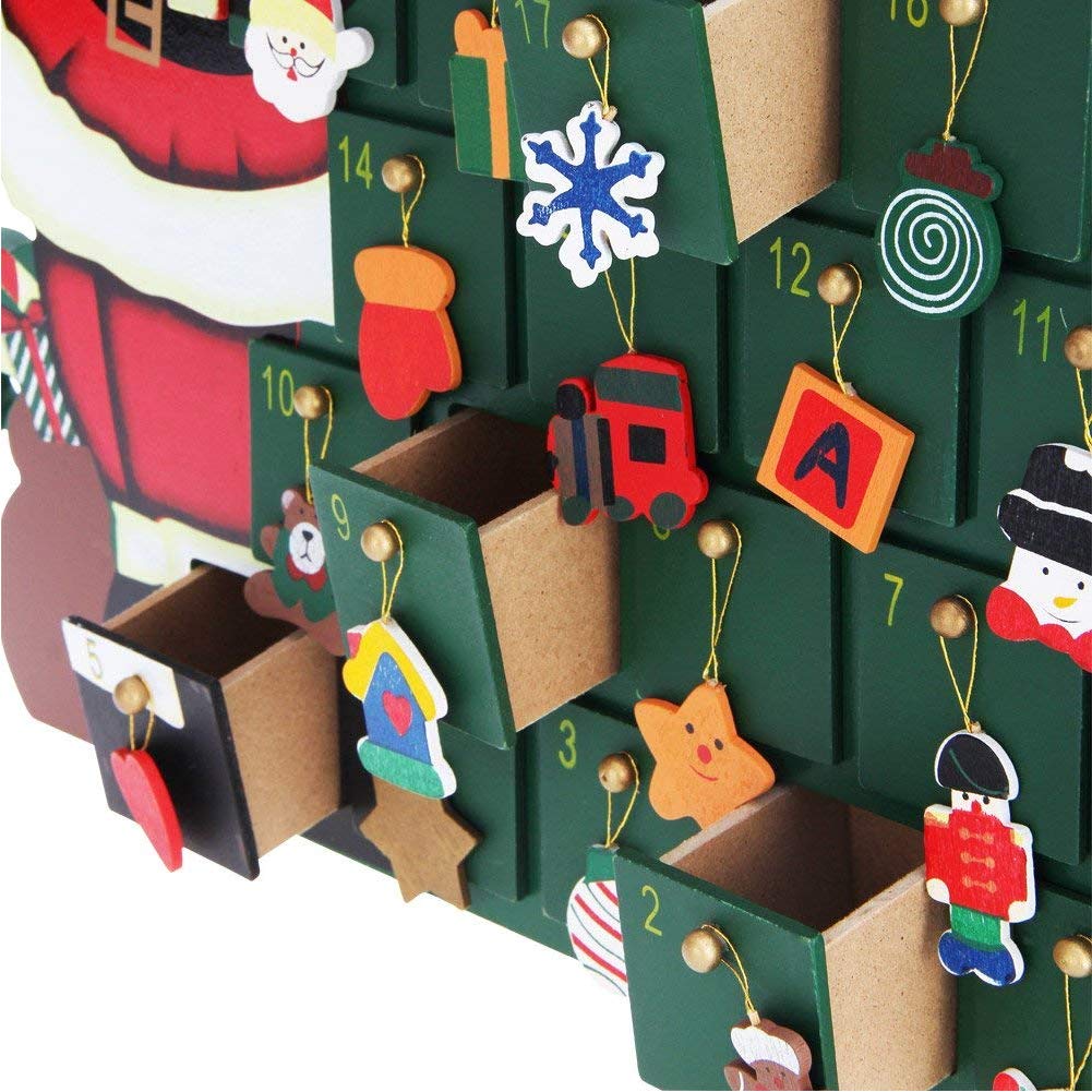 Bakaji - Calendario de Adviento de Navidad hecho de madera con 24 casillas numeradas para sorpresas, decoración navideña, hogar (Papá Noel con árbol)