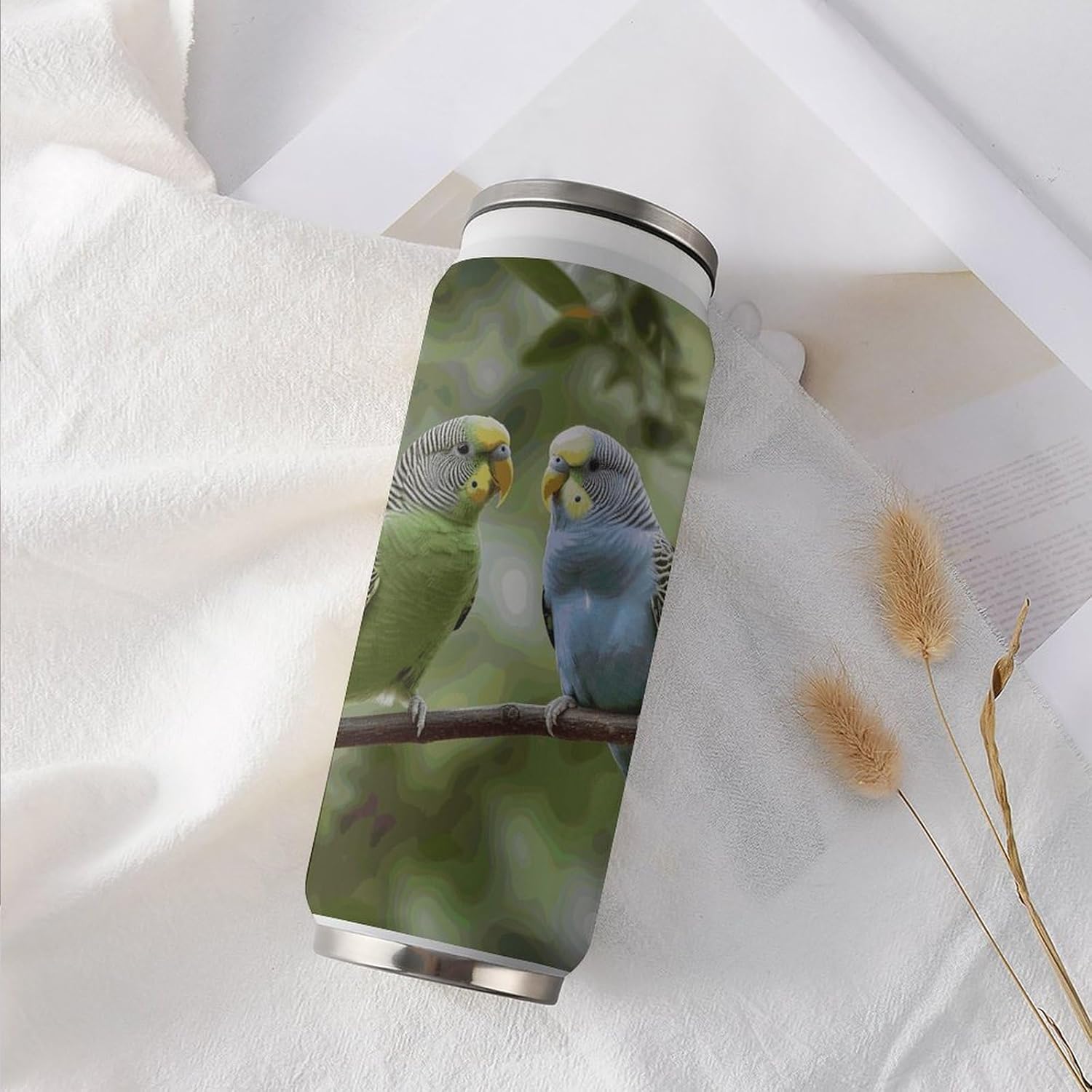 Stainless Steel Cups Blue And Green Parakeets Printed Coke Cup Stainless Steel Insulated Cups with Lid And Straw