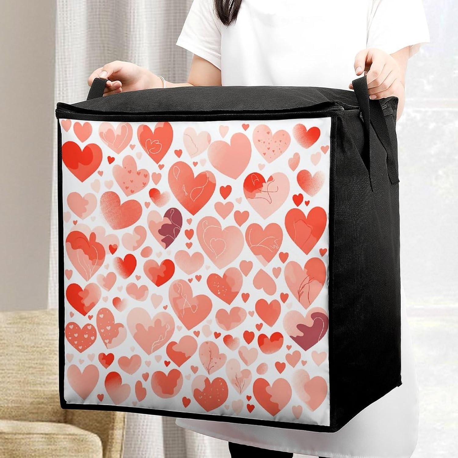 Clothes Storage Bag Personalized Durable Foldable Large Toy Storage Bags with Zipper Moving Bags Luggage Organizer Hand Drawn Heart Printed Bags image 5