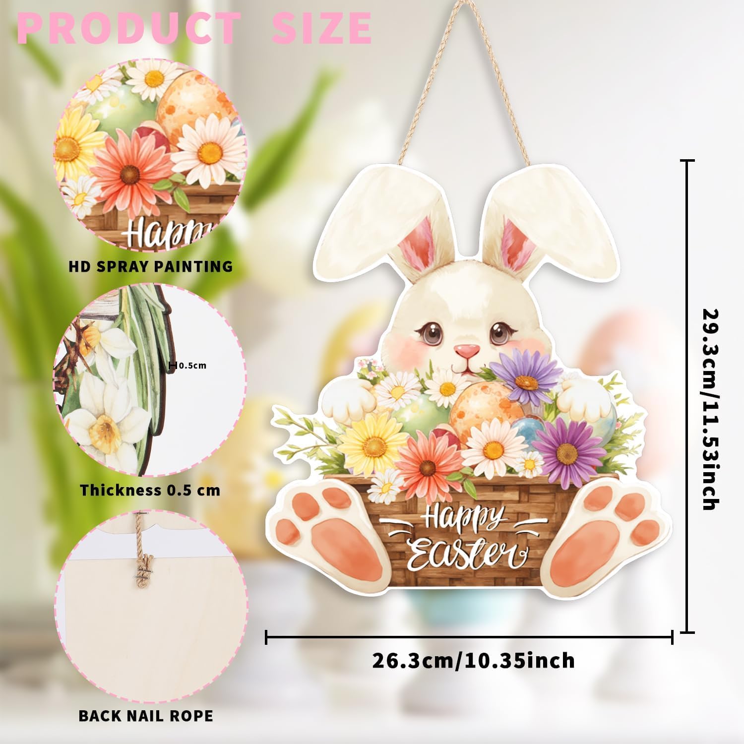 Ausril Easter Wood Sign,Happy Easter Door Decor,Bunny Egg Hanging Wall Sign,Rabbits Plaque Hanger for Holiday Home Indoor Outdoor Spring Decoration,Flower Spring Door Hanger Plaque Yard Porch Gift
