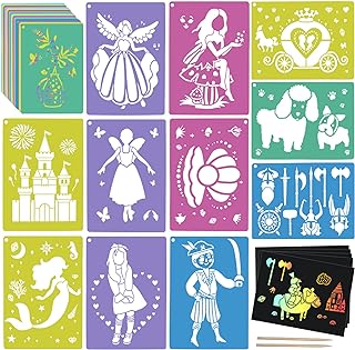 30 Pieces Stencils for Kids with 5 Pcs Scratch Paper, 7 x 9.85 Inch Large Sidewalk Chalk Stencils, Princesses Fairies Themed Primary Shape Template for Drawing on Sidewalk Floor Wall Home Decor