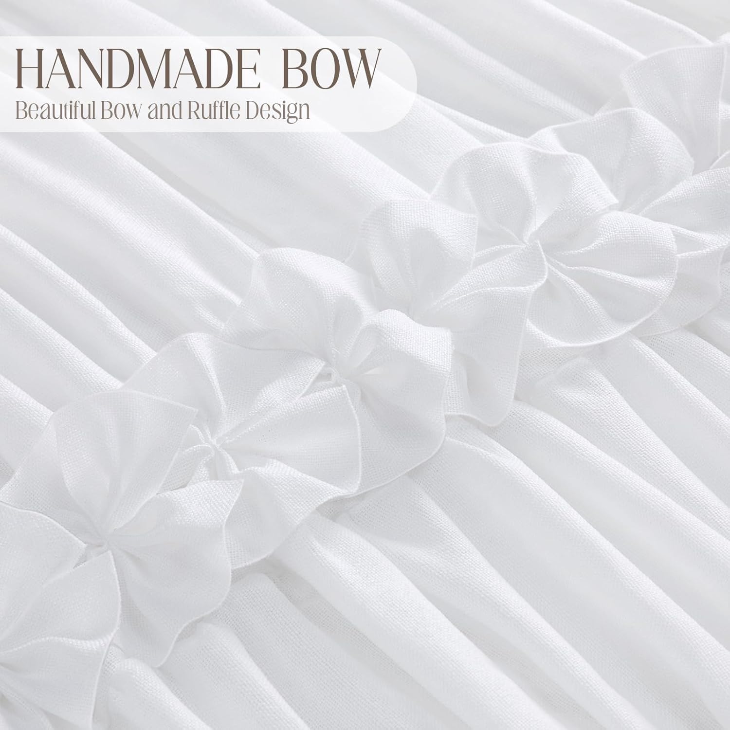 White Ruffle Shower Curtain with Handmade Bow Tie, Linen Vintage Farmhouse Shower Curtain for Bathroom, 72" W x 84" H