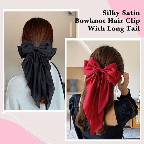 Miniatura 6 de 3 pinzas de satén sedoso para mujeres y niñas, bonitos clips de lazo para el pelo de cinta de gran tamaño con cola larga, pinzas de metal para cola