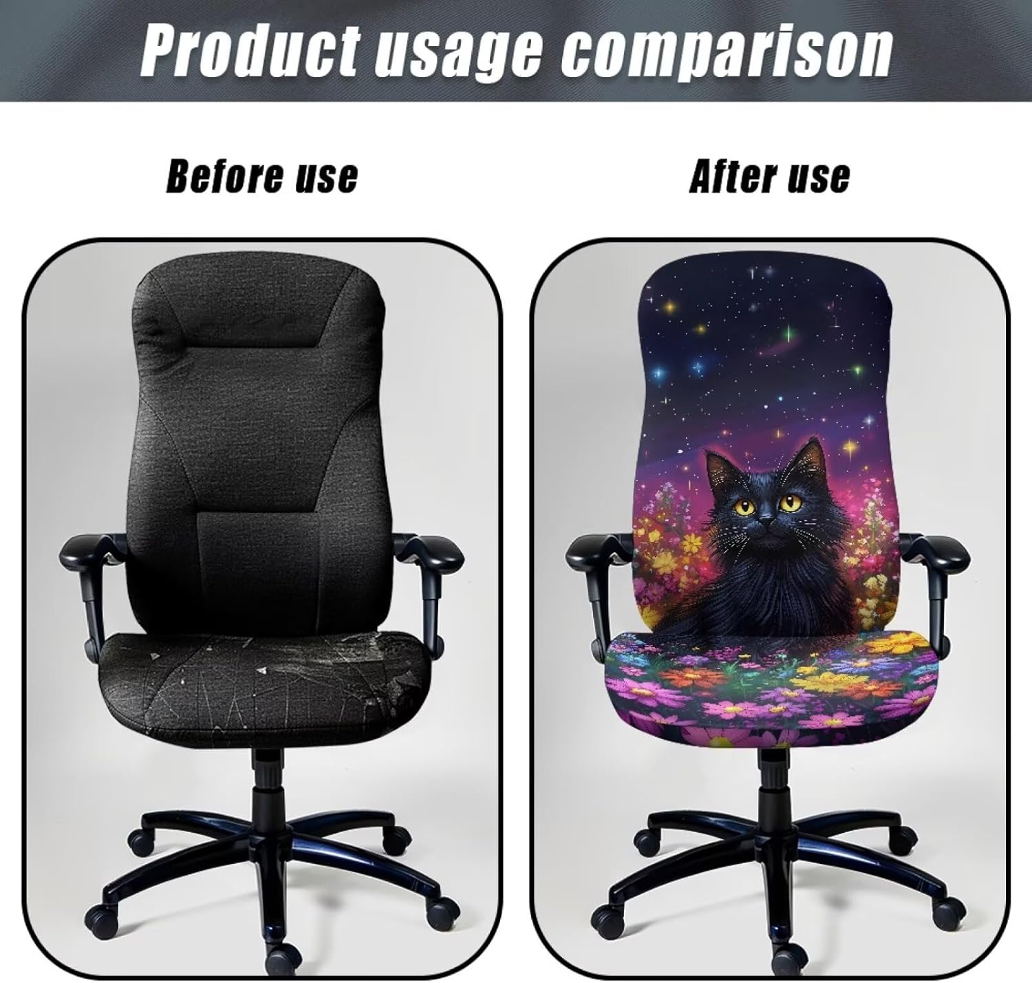 Office Chair Cover Daisy Floral Black Cat Print Dust-Proof Swivel Chair Protective Slipcover Stretchable Boss Chair Cover for Office Home Decoration, Large