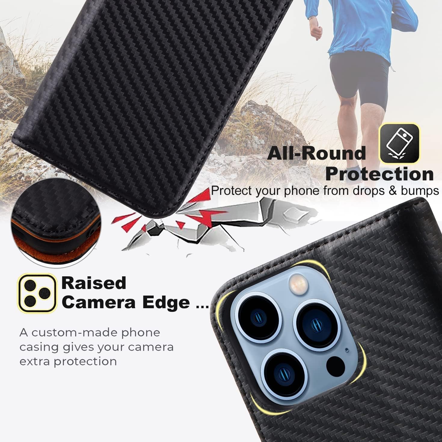 VISOUL Case for iPhone 13 Pro Max Wallet Case, Magnetic Carbon Fiber Leather Case with Card Holder Folio Flip Cover Compatible with iPhone 13 Pro Max(6.7-inch)(Black+Orange)