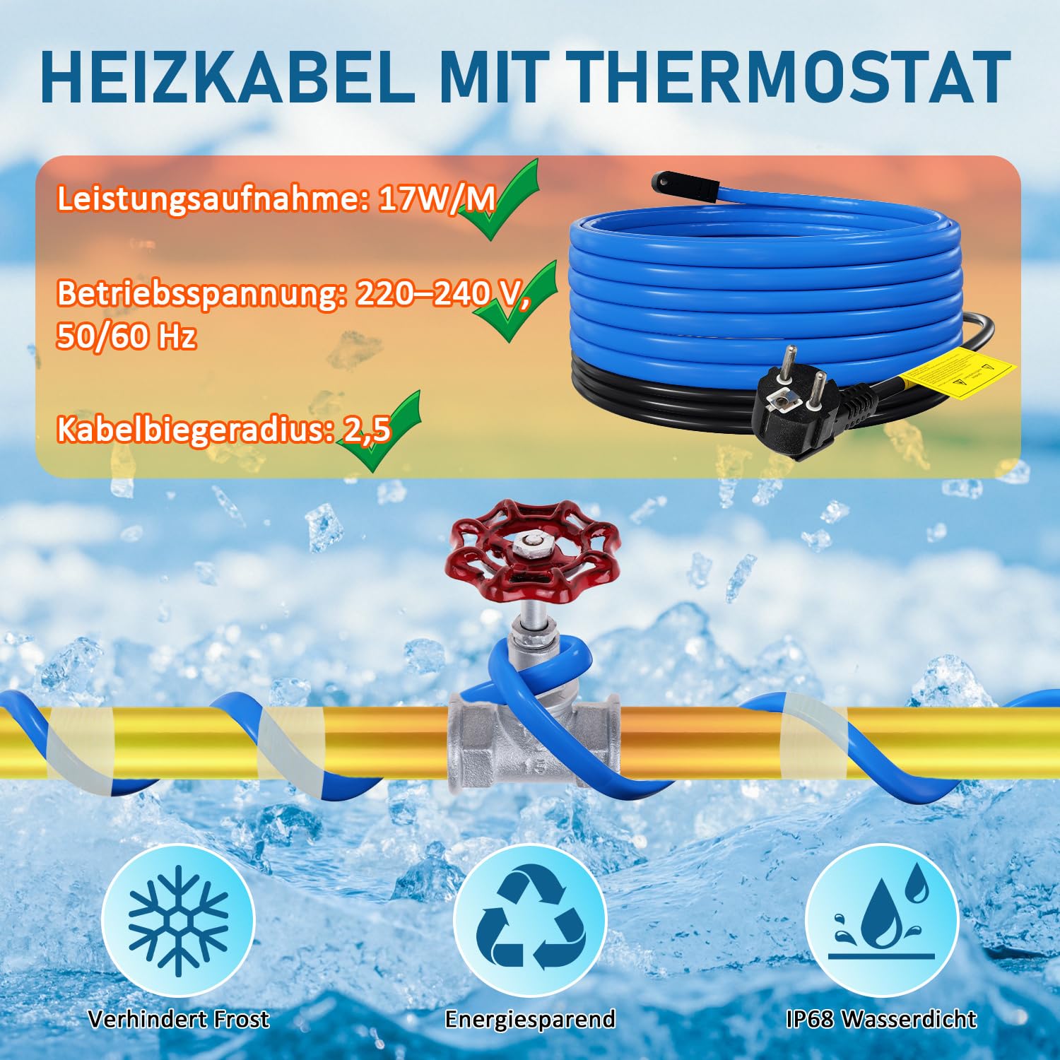 2x Fiqops Câble chauffant antigel de 4m avec thermostat et ruban adhésif de 10m, 68W 230V IP68 17 W/M Autorégulant Câble Chauffant Traçage Chauffant pour Tuyaux d'eau Plantes