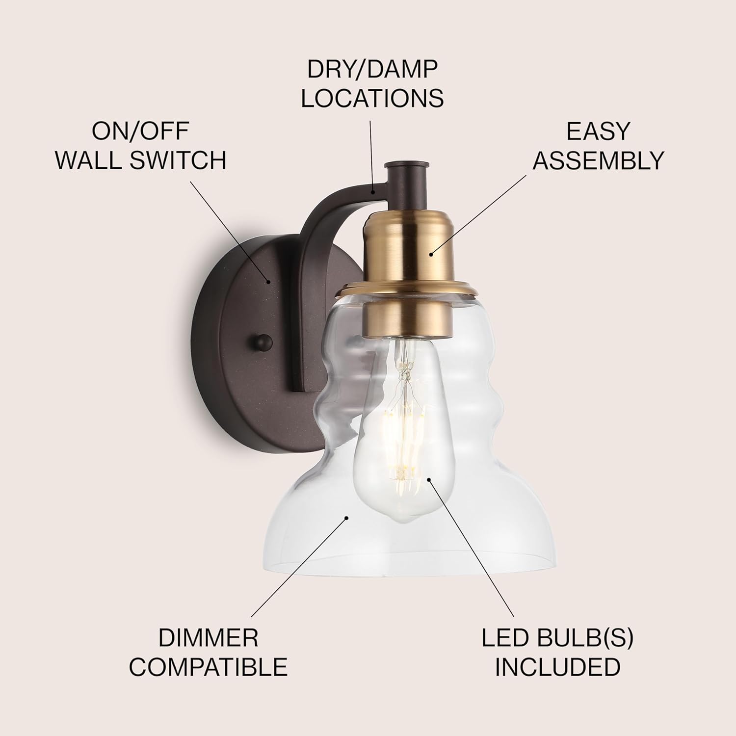 JONATHAN Y 6.5" Brass Gold/Oil Rubbed Bronze Modern Industrial Rustic 1-Light LED Vanity Light with Clear Glass Shade, Vintage Wall Sconce for Bathroom Kitchen Hallway, LED Bulb Included JYL3544A