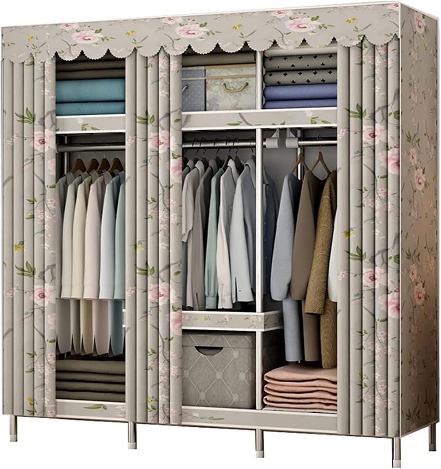 Portable Wardrobe Cloth Wardrobe Bedroom Closet,Open Metal Assemble Wardrobe Simple Curtain Portable Wardrobe Interior Wardrobe Storage,E,172 * 45 * 128cm Portable Cloth Han