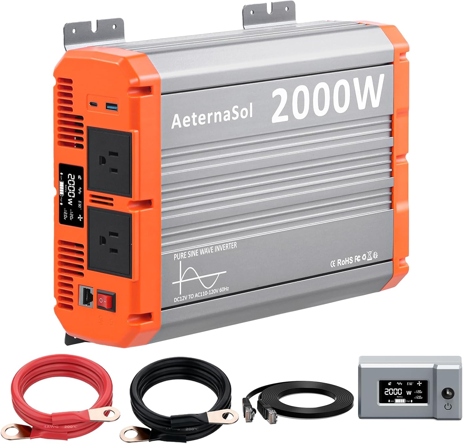 2000 Watt Pure Sine Wave Inverter, 2000W Inverter 12V DC to 110V-120V AC Power Inverter for RV Truck Solar Home Off-Grid with 2 AC Outlets, USB & Type-C, LCD Remote Monitor, Surge 4000W