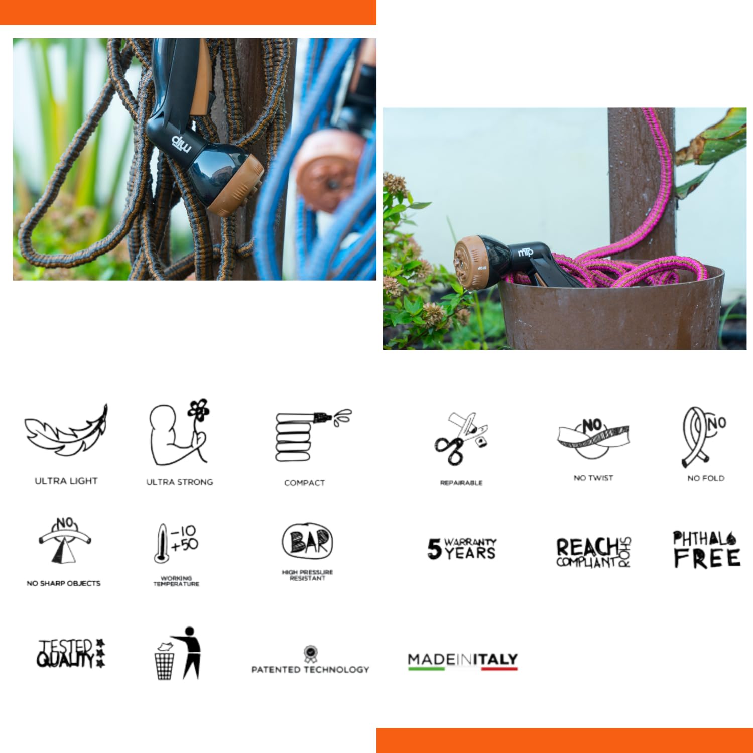 eacommerce | Tubo estensibile irrigazione da giardino | Resistente, leggero, compatto | Non si attorciglia, raccordi inclusi | Pratico per balcone, terrazza, camper (Bronzo/Fucsia, 12,5 Metri)