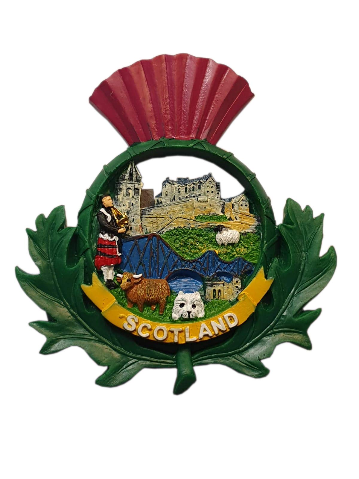 Scotland Thistle Collage Fridge Magnet - Scottish Piper, Highland Cattle, Sheep, Terrier, Forth Bridge Souvenir