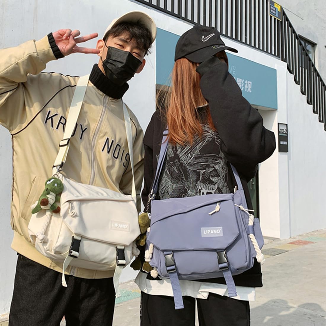 Aesthetic Crossbody Bag with Cute Pins and Ornament, Nylon Shoulder Messenger Bag Japanese Kawaii Bag for Women Men