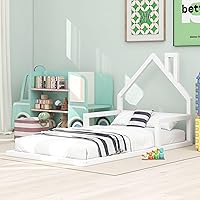 Vista 12 de Quarte Cama de suelo de madera de tamaño individual con cabecera en forma de casa, marco de cama de plataforma de madera para dormitorio,