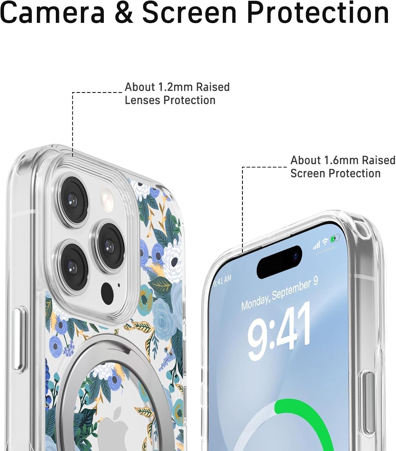 for iPhone 16 Pro Max Case with MagSafe Stand Ring for Women, Cute Clear Floral Design with 360° Kickstand Holder Magnetic Shock Proof Heavy-Duty Protection Blue Flower - Image 4