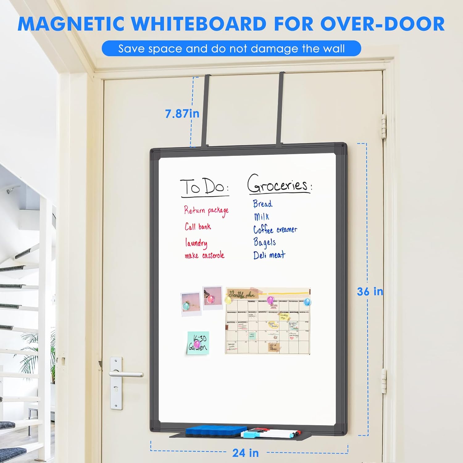 Magnetic Dry Erase Board for Doors, 36x24 Inch Whiteboard with Adjustable Long Arm Hook Mount - Easy to Install, Portable Hanging White Board for Home, Dorm Room, Office Cubicle & Small Spaces(Black)