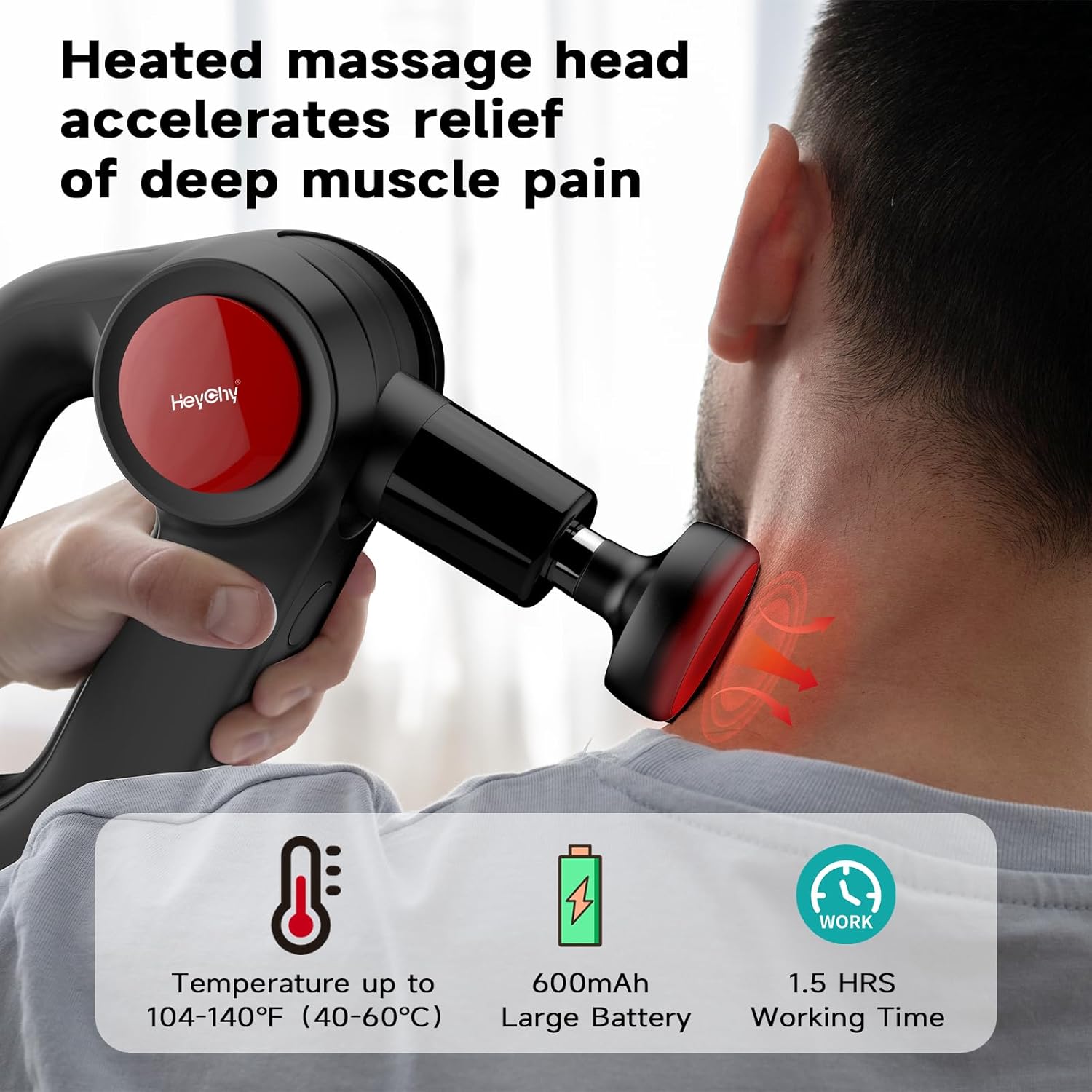 Deep Tissue Massage Gun with Heat, 12mm Amplitude Percussion Massager for Athletes & Muscle Relief, Professional Handheld Masssger Gun for Neck, Back, Shoulder, Leg, Gift for Men, Black - Image 2