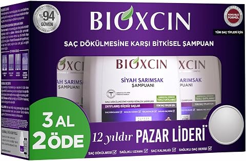 Bioxcin Siyah Sarımsak Şampuan 3 x 300 ml – Saç Dökülmesine Karşı, BioComplex B11 ve Bitki Ekstreli Güçlendirici Formül – 3 Al 2 Öde