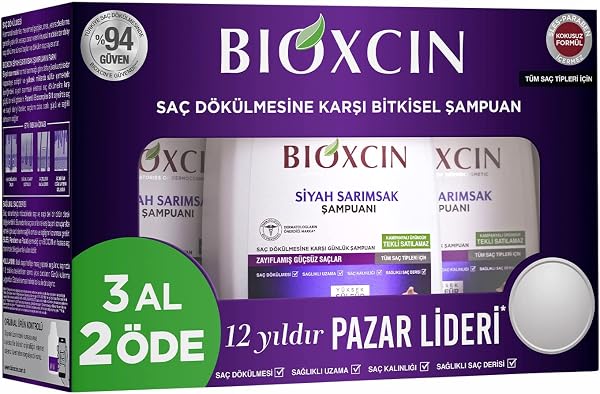 Bioxcin Siyah Sarımsak Şampuan 3 x 300 ml – Saç Dökülmesine Karşı, BioComplex B11 ve Bitki Ekstreli Güçlendirici Formül – 3 Al 2 Öde