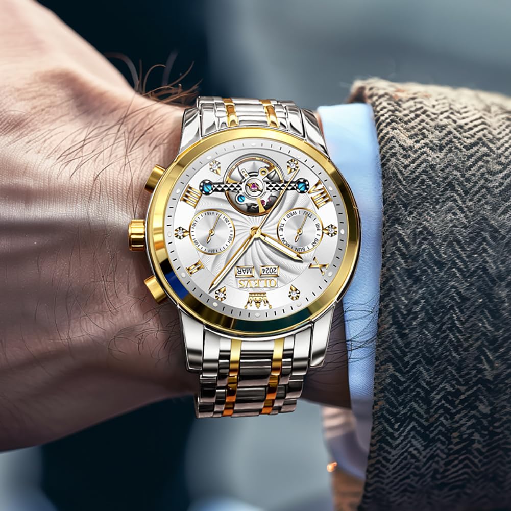 OLEVS Herrenuhren Automatik Mechanische Armbanduhr mit Tourbillon Kalender Wasserdicht Leuchtende Uhren Männer
