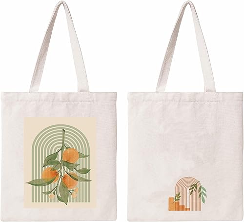 Kazova Bolsa de lona de algodón estética, bolsa de tela naranja bohemia, bolsa de lona de lona, bolsa de compras reutilizable para mujer