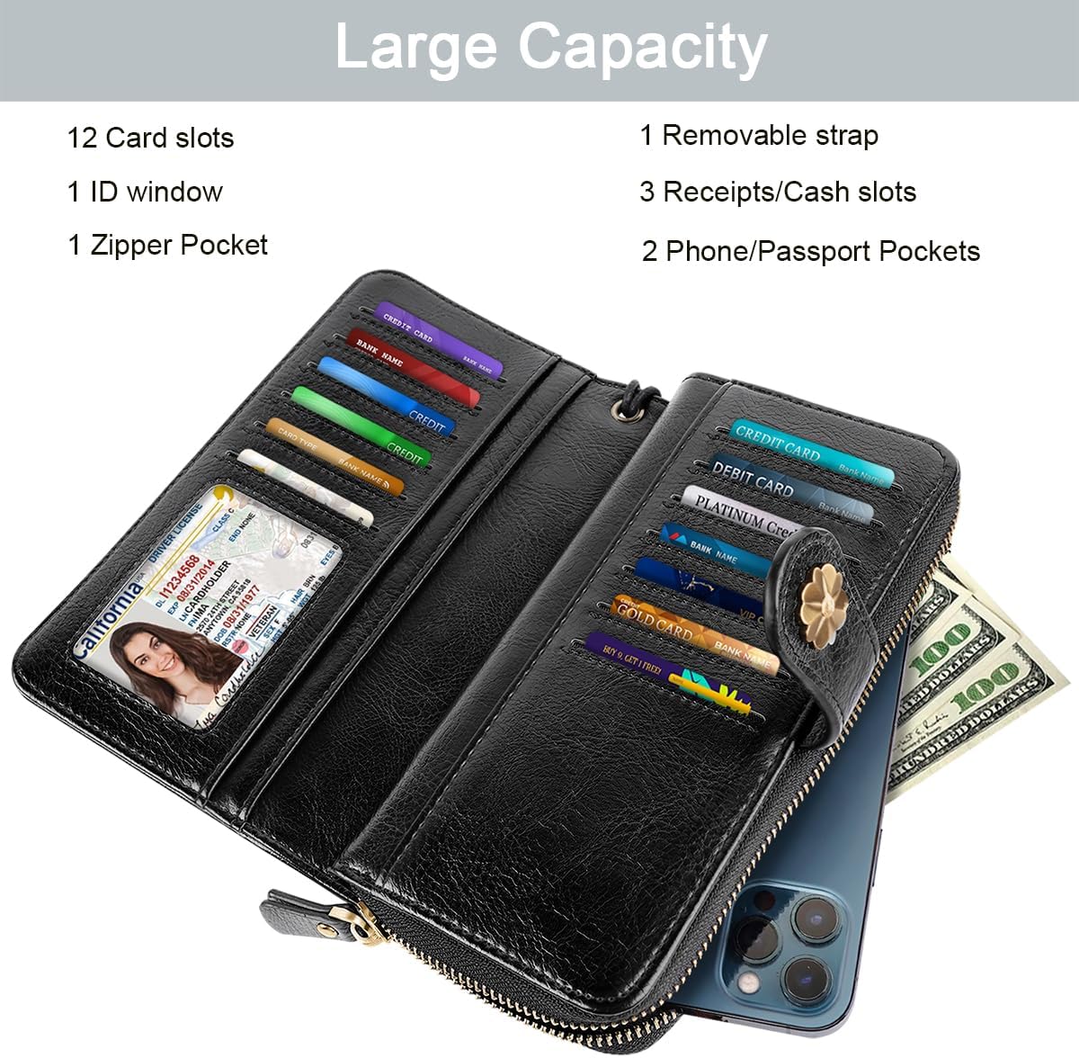 Wallets for Women Multi Card Holder Wallet Clutch Wallet Card Holder Organizer Ladies Purse with Wrist strap Purse - Image 3