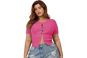 Plus Size Pink Ruffle Trim rhinestone lace up Front Short Sleeve Top