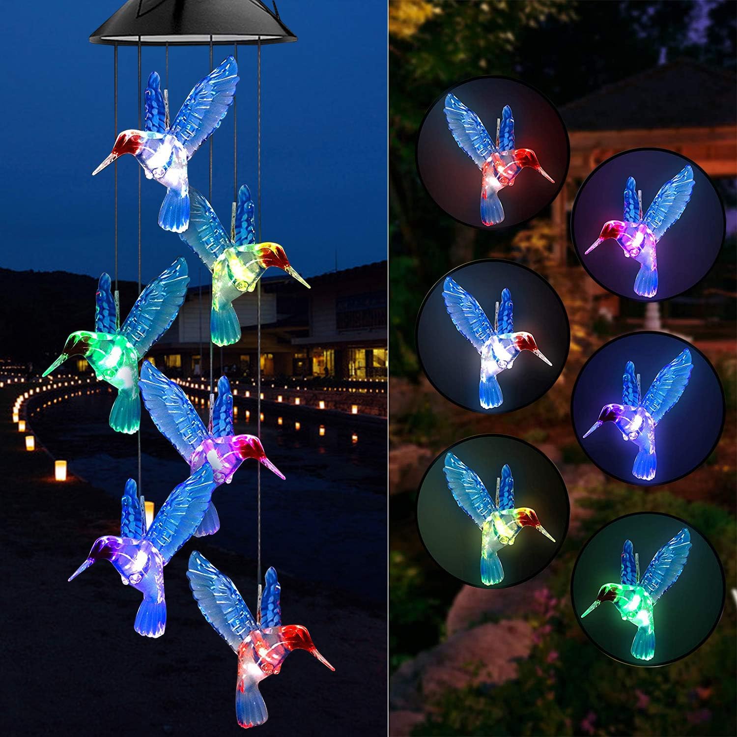 Yooda Color Changing Solar Power Wind Chime Blue Hummingbird Wind Mobile Portable Waterproof Outdoor Decorative Romantic Wind Bell Light for Patio Yard Garden Home