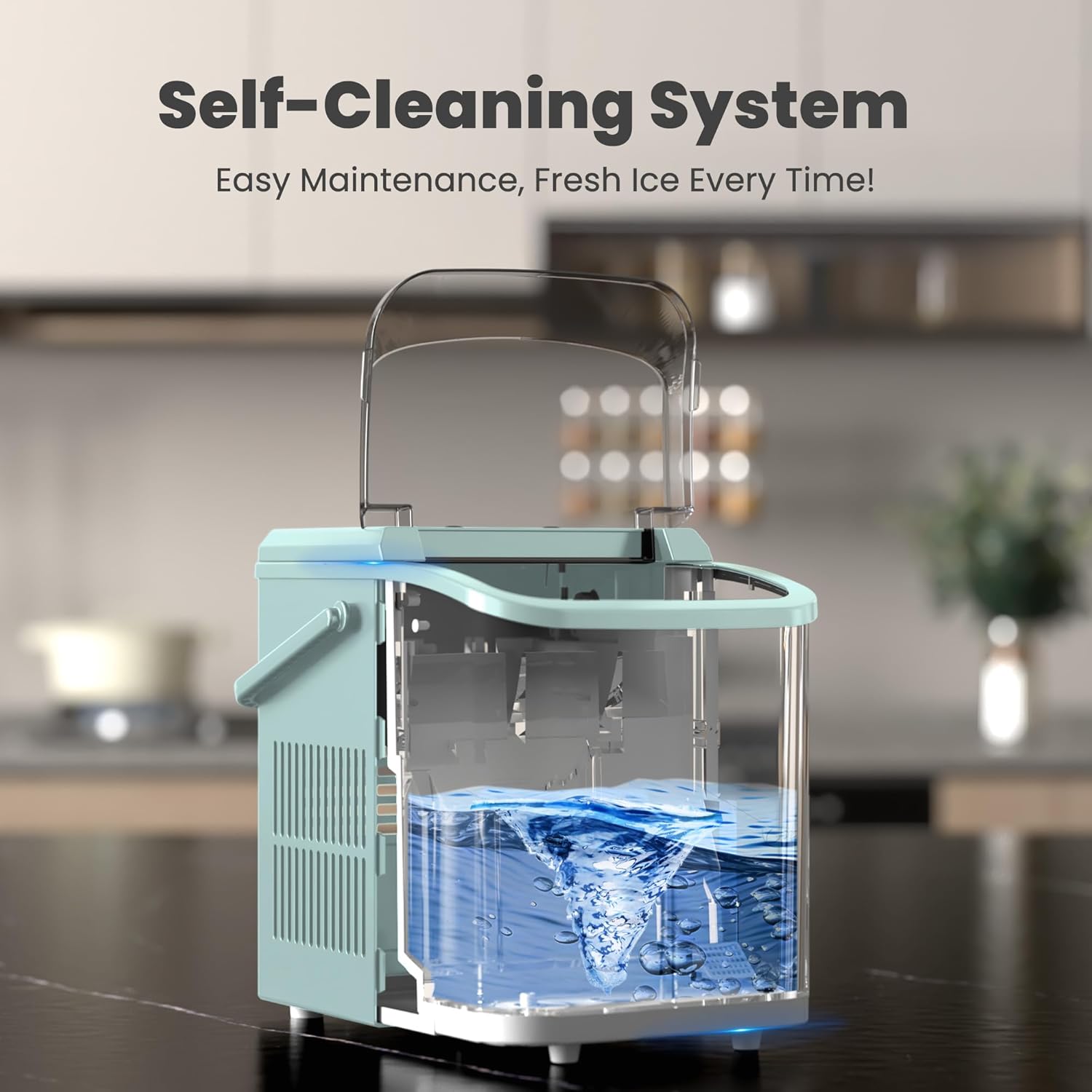 DUMOS Countertop Ice Maker with Handle, 26lbs/24H Portable Ice Machine, 9 Bullet Cubes Ready in 6 Mins, Self-Cleaning, Quiet Compact for Home, Kitchen, RV, Camping, Green - Image 6