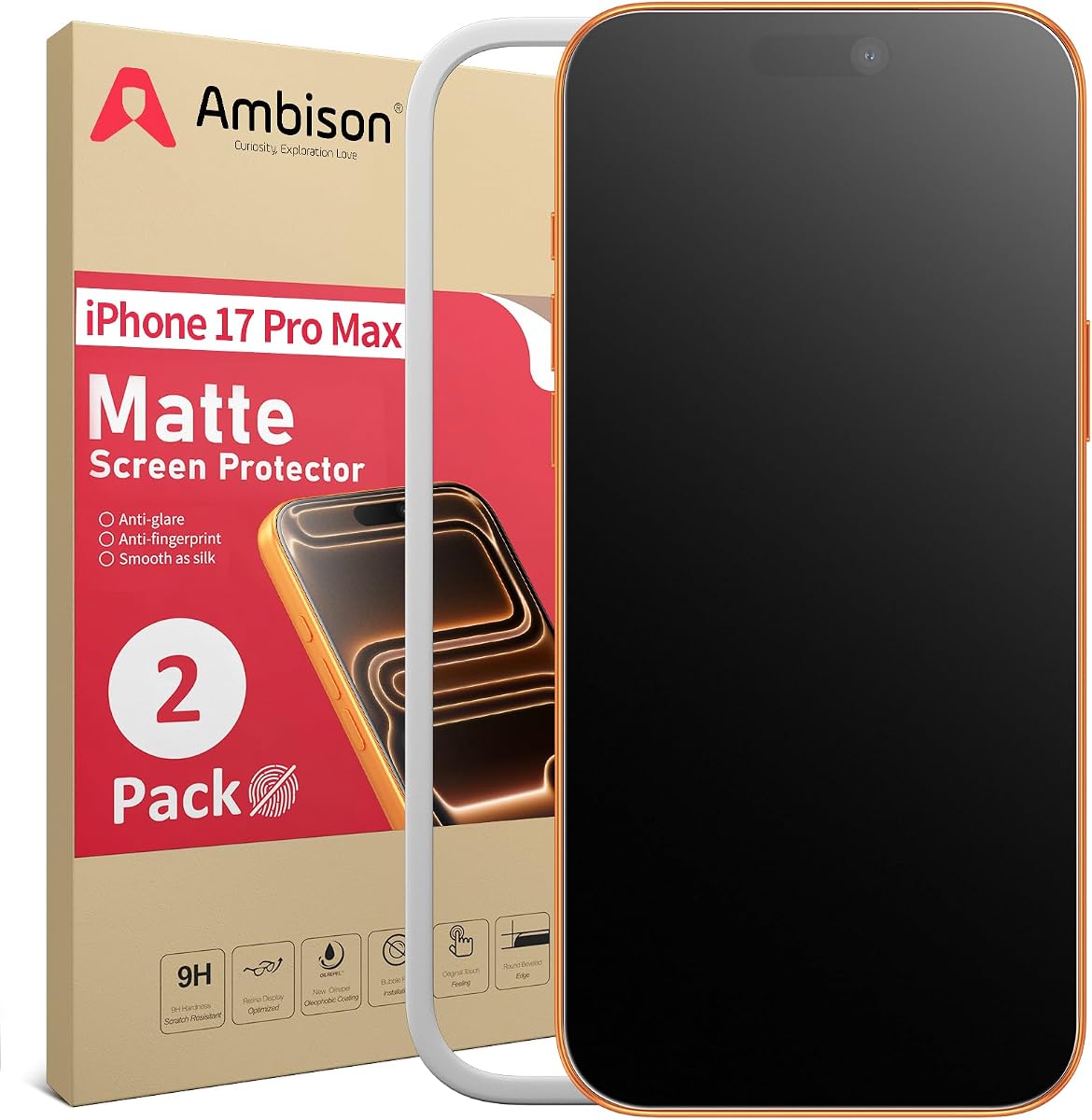 Ambison Matte Screen Protector for iPhone 17 Pro Max 6.9inch, 2 Pack | Anti Glare, Anti Fingerprint, 9H Tempered Glass, Scratch Resistance Military-Grade, Smooth as Silk, Easy Installation Frame