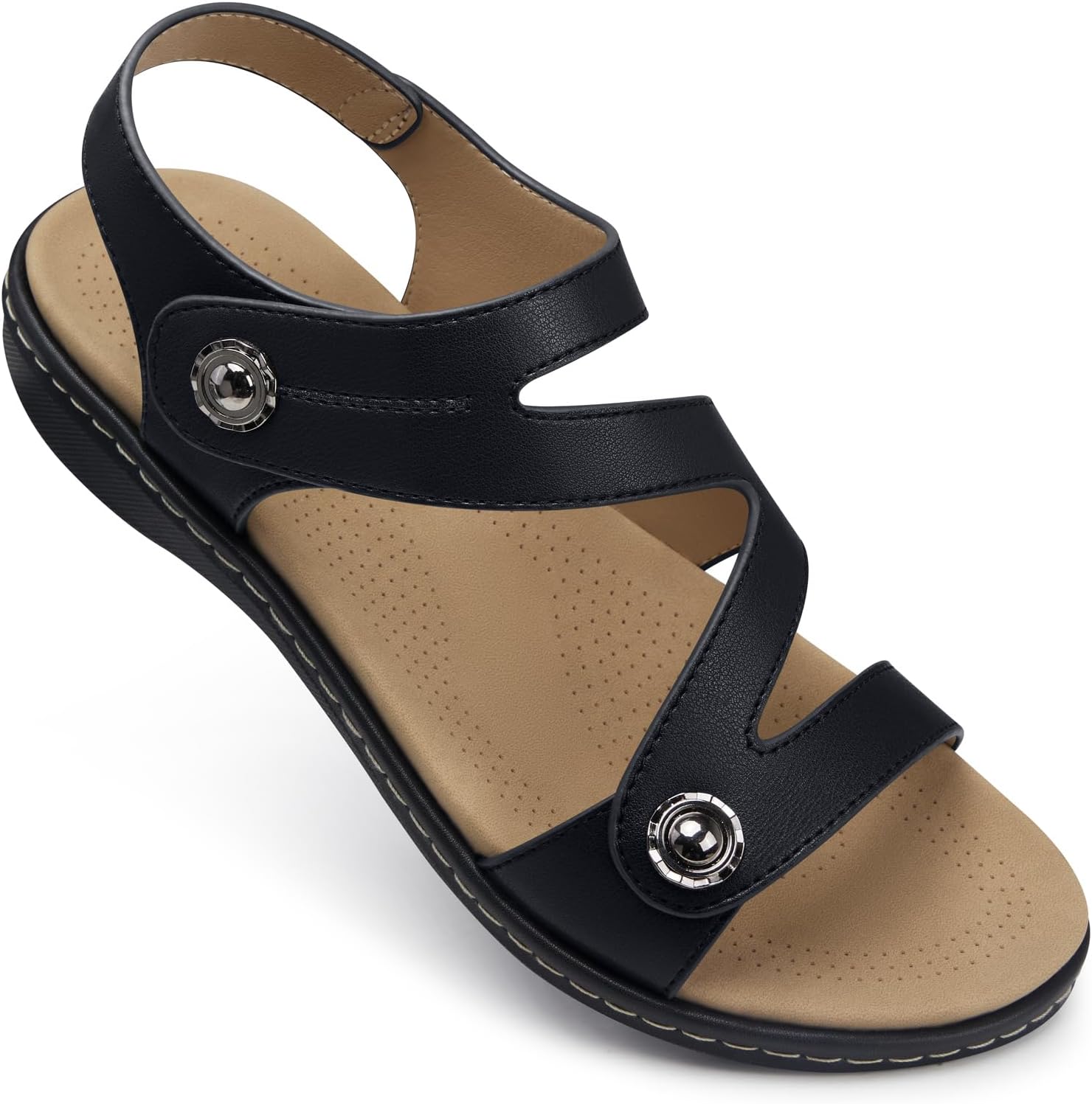 Dressy open toe flat sandals for women in various sizes.