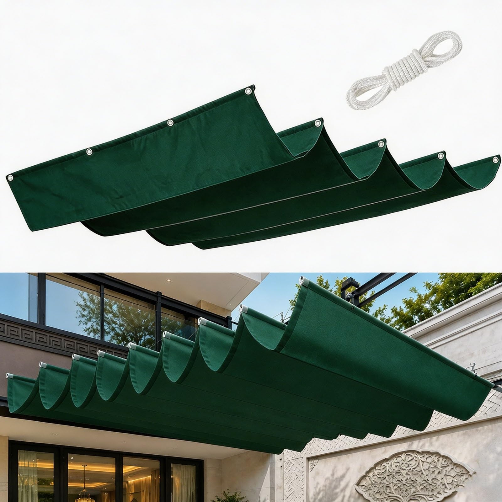 Toldo Retráctil con Forma de Onda 100 x 525 cm Protección UV 98% Resistente Al Clima y Desgarro Resistente a Desgarros Vela de Sombra Malla Sombreo para Terraza Jardín, Verde