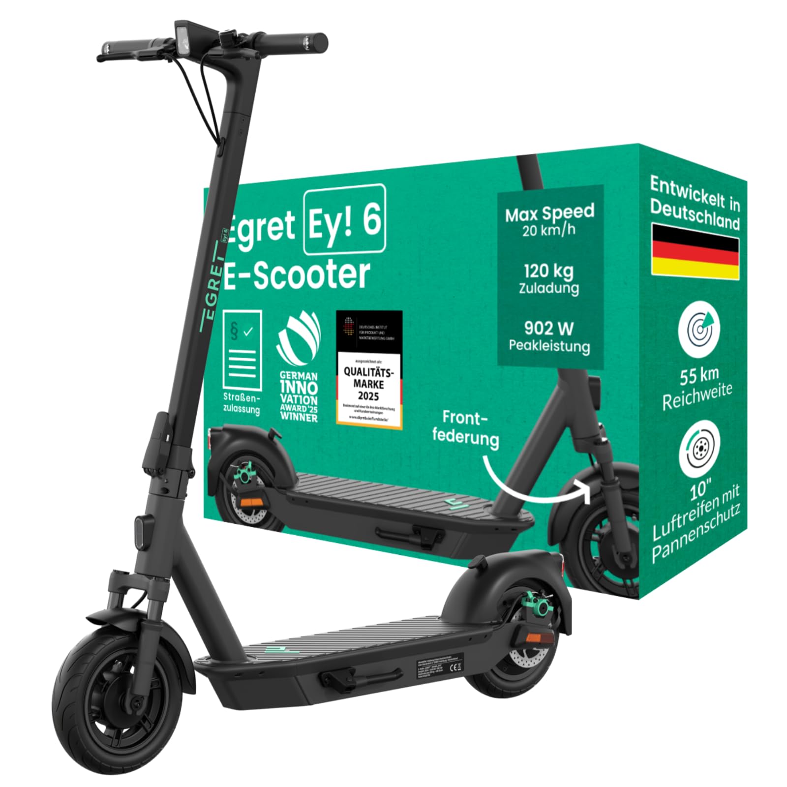 Egret Ey! Serie E-Scooter mit Straßenzulassung | Bis zu 65Km Reichweite und 1520 Watt Peak, 20km/h, Luftreifen, Dual Bremsen, App (Wählbar Ey! 1, Ey! 2, Ey! 3, Ey! 6, Ey! 7)