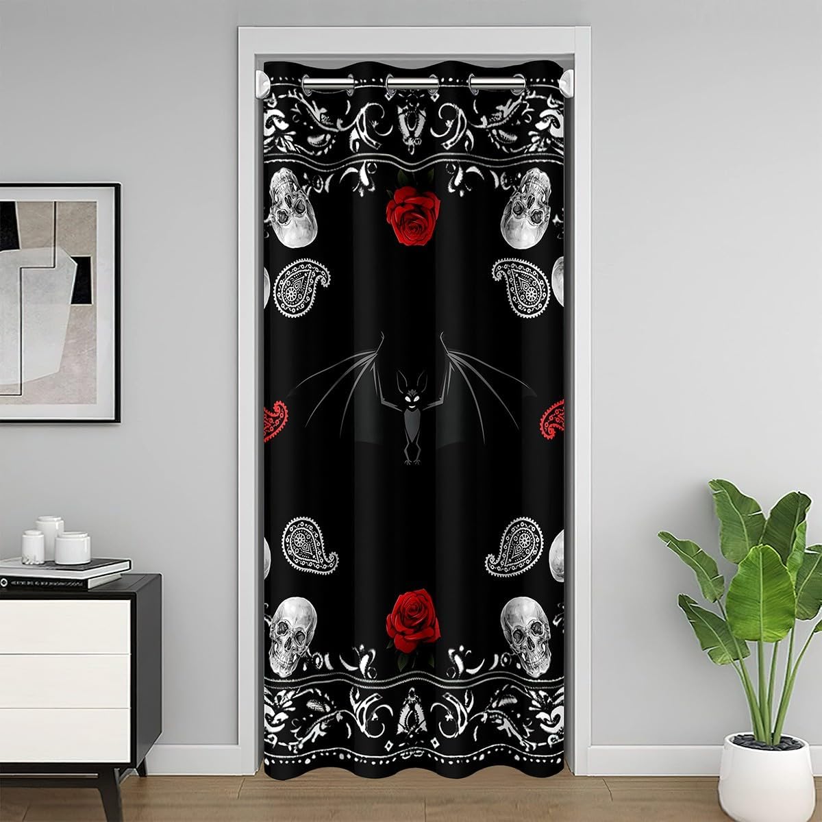 Castle Fairy Gothic Skull Door Curtain 1 Panel 34" W X 80" L Bat Red Rose Flowers Print Doorway Curtain for Closet Door Outdoor Black White Paisley Plaid Door Drape for Bedroom Privacy