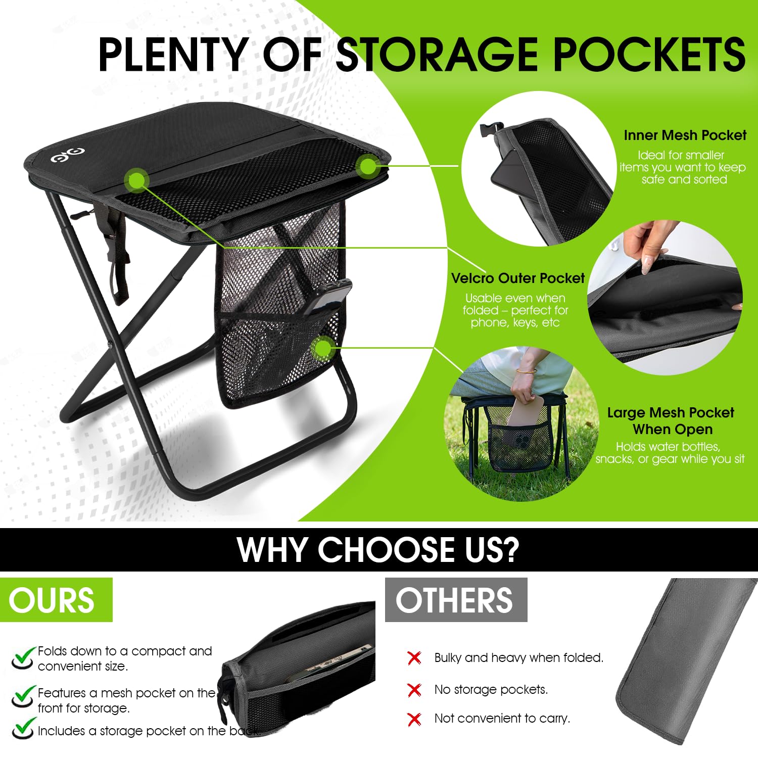 CAMDOOR Portable Collapsible Stool, 16″Folding Stool with 3 Side Pockets and Shoulder Strap, Extra Large Camping Chair Supports 400 lbs, Ultralight Portable Seat for Outdoor, Hiking, Fishing (Black) — view 5