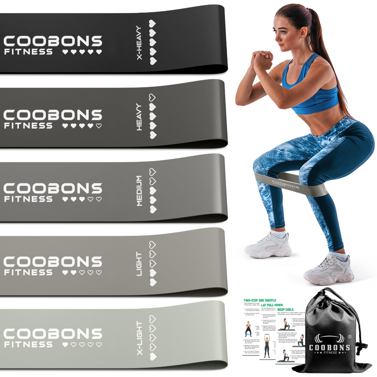 Resistance Bands for Working Out, Women & Men Exercise Bands Set, with Carry Bag, Instruction Guide, for Whole-Body Fitness, Booty, Leg, Arm, Stretching, Physical Therapy, Strength Training - Set of 5