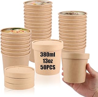 SHUESS 50 vasos de papel con tapa de 380 ml, redondos, con tapa, vasos para sopa para llevar con tapa, color marrón, vasos de helado de cartón, vasos con tapa para sopas y postres, aptos para