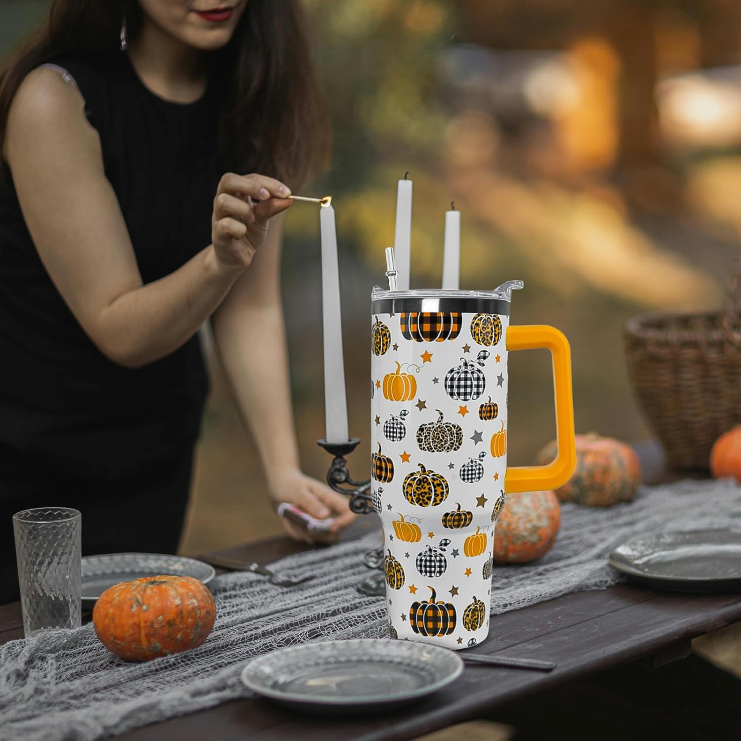 Fall Tumbler 40 oz Thanksgiving Cup Pumpkin Coffee Travel Mug Autumn Stainless Steel Insulated Cups Water Bottler with Handle and Straw Fall Thanksgiving Decor Gifts - Image 2