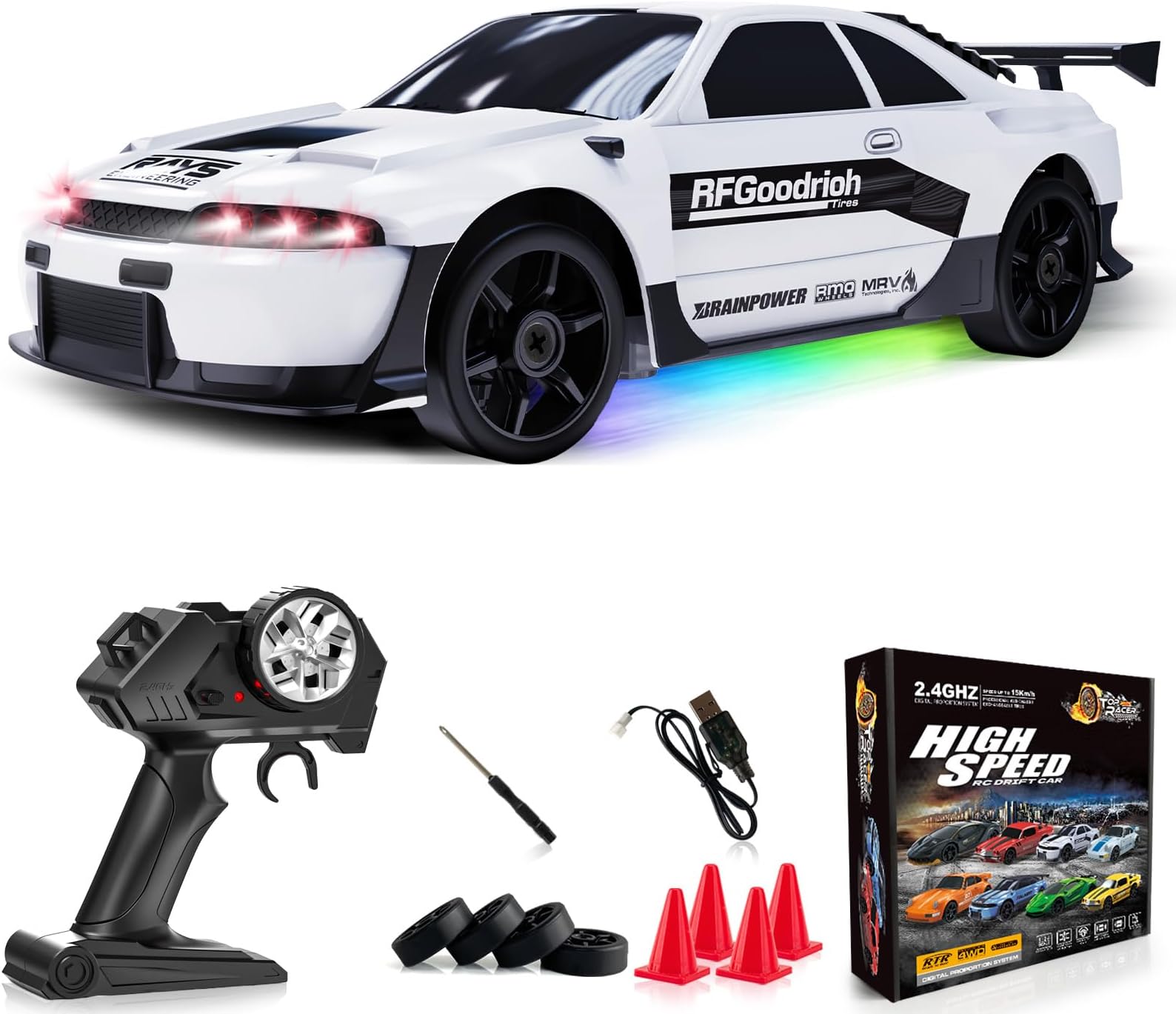 Remote Control Car RC Drift Car 2.4GHz 1:24 4WD 15KM/H High Speed Racing Sport Car with LED Lights Drifting Tire Racing Sport Toy for Adults Boys Girls Kids Gift
