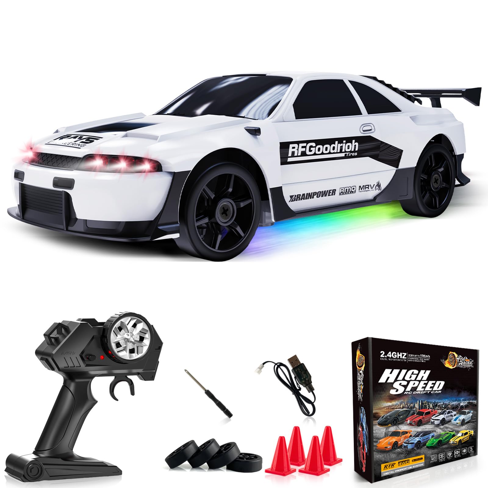 Remote Control Car RC Drift Car 2.4GHz 1:24 4WD 15KM/H High Speed Racing Sport Car with LED Lights Drifting Tire Racing Sport Toy for Adults Boys Girls Kids Gift