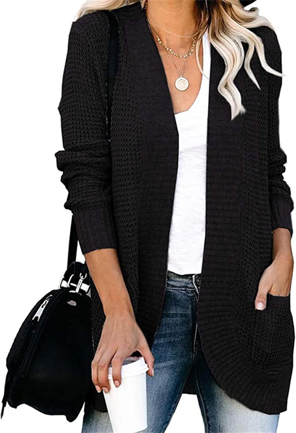 Women's Long Sleeve Draped Cardigan Loose Casual Open Front Knit Sweater Solid Color Chunky Outwear with Pockets