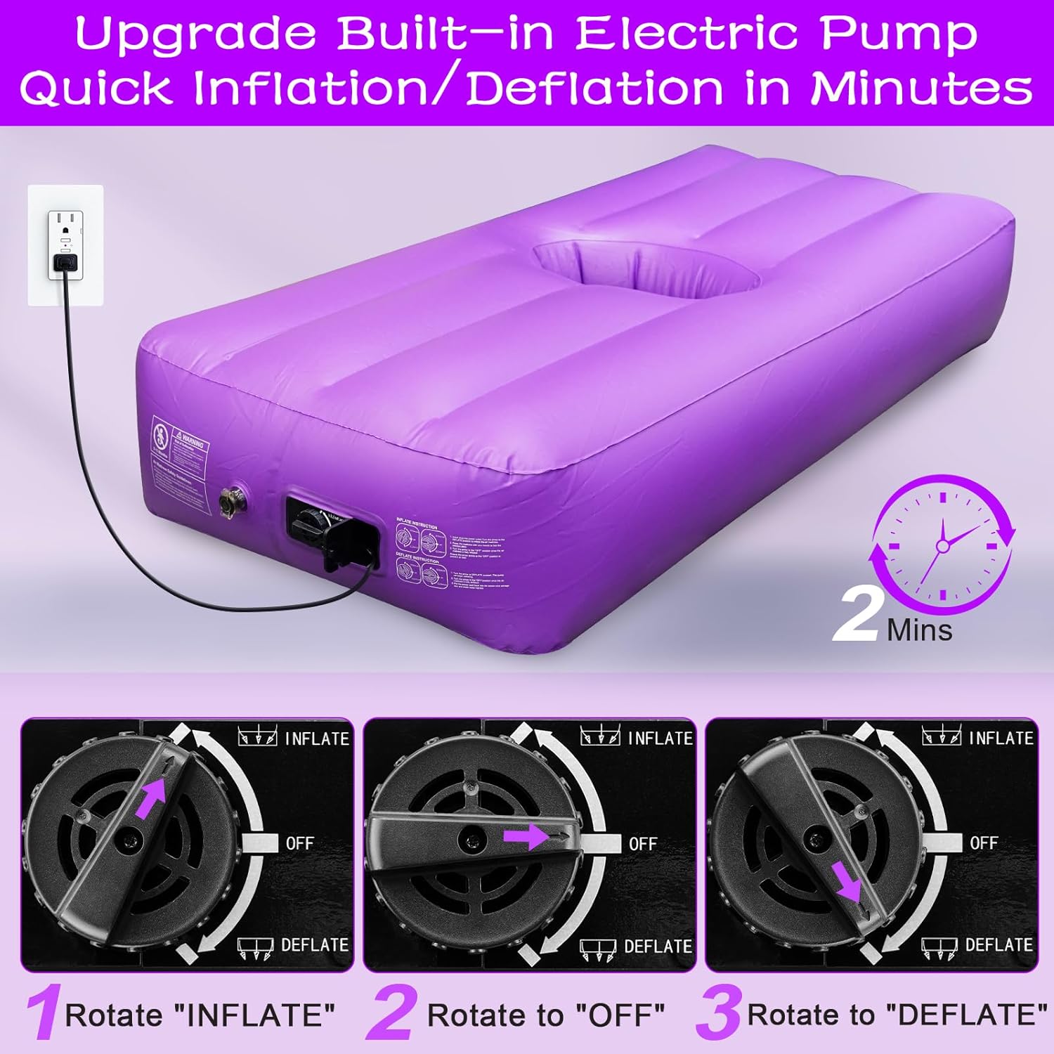 Newly Upgraded BBL Bed with Built-in Pump BBL Bed After Surgery For Sleeping Brazilian Butt Lift Recovery Pillow After Surgery Inflatable BBL Mattress with Hole For Post Surgery Recovery (Purplee)