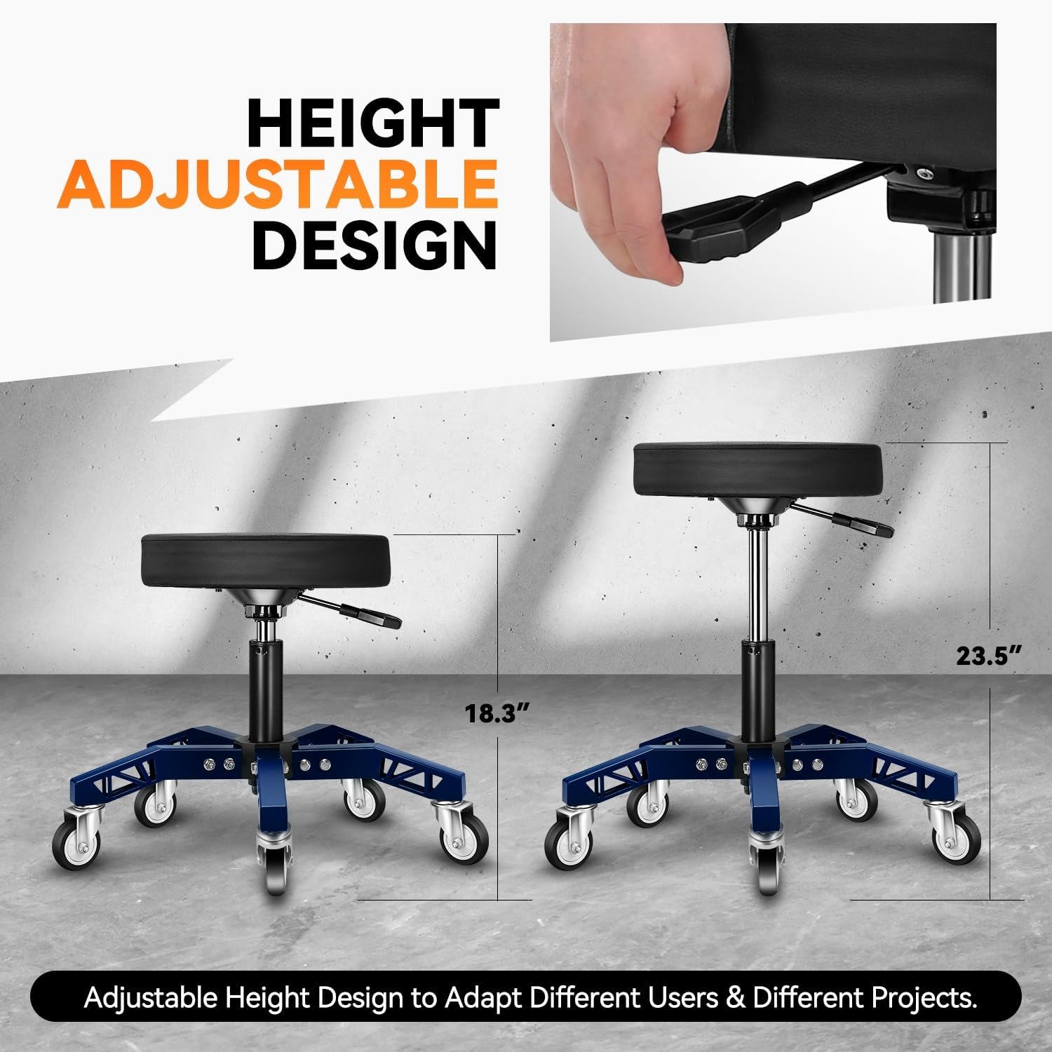 Auto Dynasty Rolling Mechanic Stool, Height Adjustable Heavy Duty Roller Creeper Garage Shop Seat with Padded Seat for Workshop Auto Repair, 300 LBS Capacity, Blue