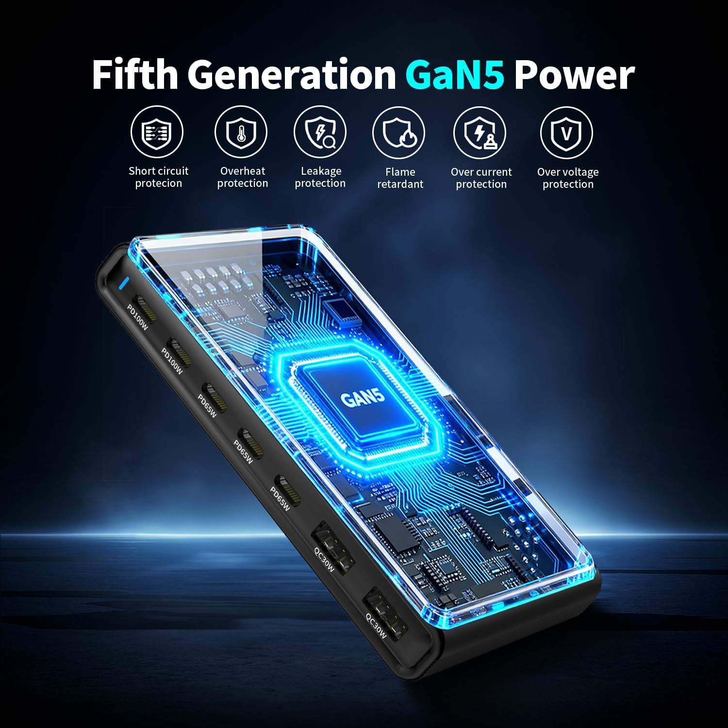 455W GaN5 7-Port Slim Design Charging Station + 240W 6.6 ft Data Cable, Compatible with Phones, Tablets, Laptops, Smart Wearables, and Gaming Devices