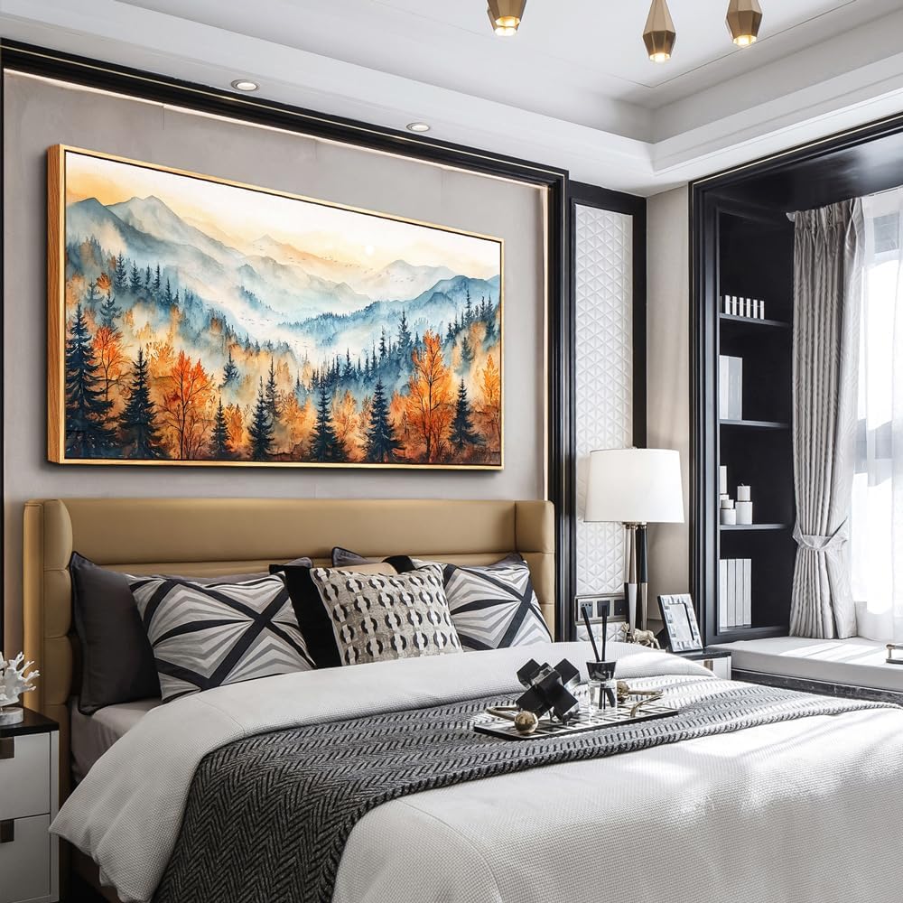 KELIYUAN Panoramic Wall Painting Canvas Wall Art For Living Room Large Wall Decor For Bedroom Abstract Mountain Forest Painting Pictures Office Decor Modern Room Home Decor Wood Framed 20"X40"