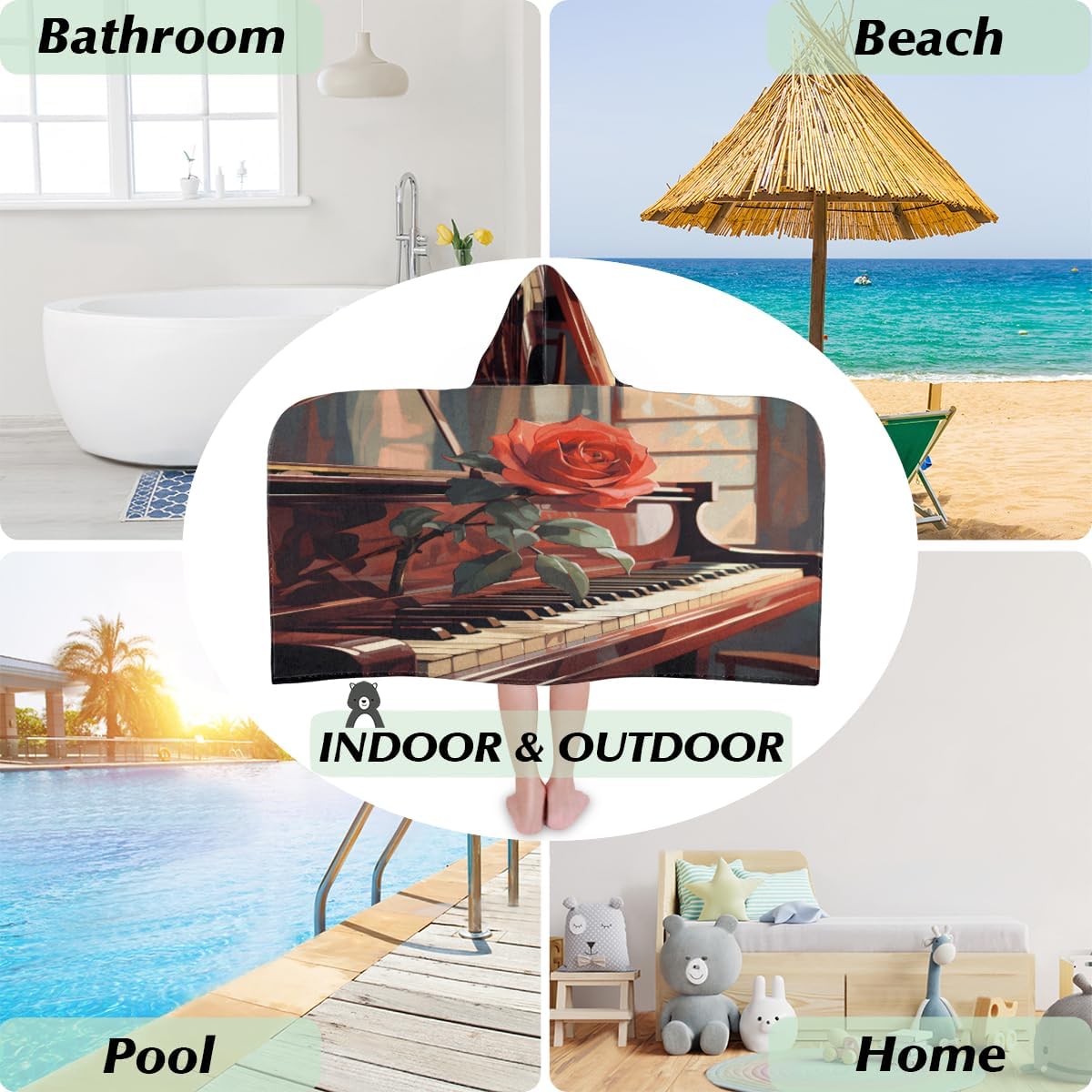 Pardick Kids Bath Towel Piano Rose Beach Towel with Hood Pool Cover Up for Girls Boys Soft Absorbent Hooded Bath Towel Toddler Towels for Beach, Pool