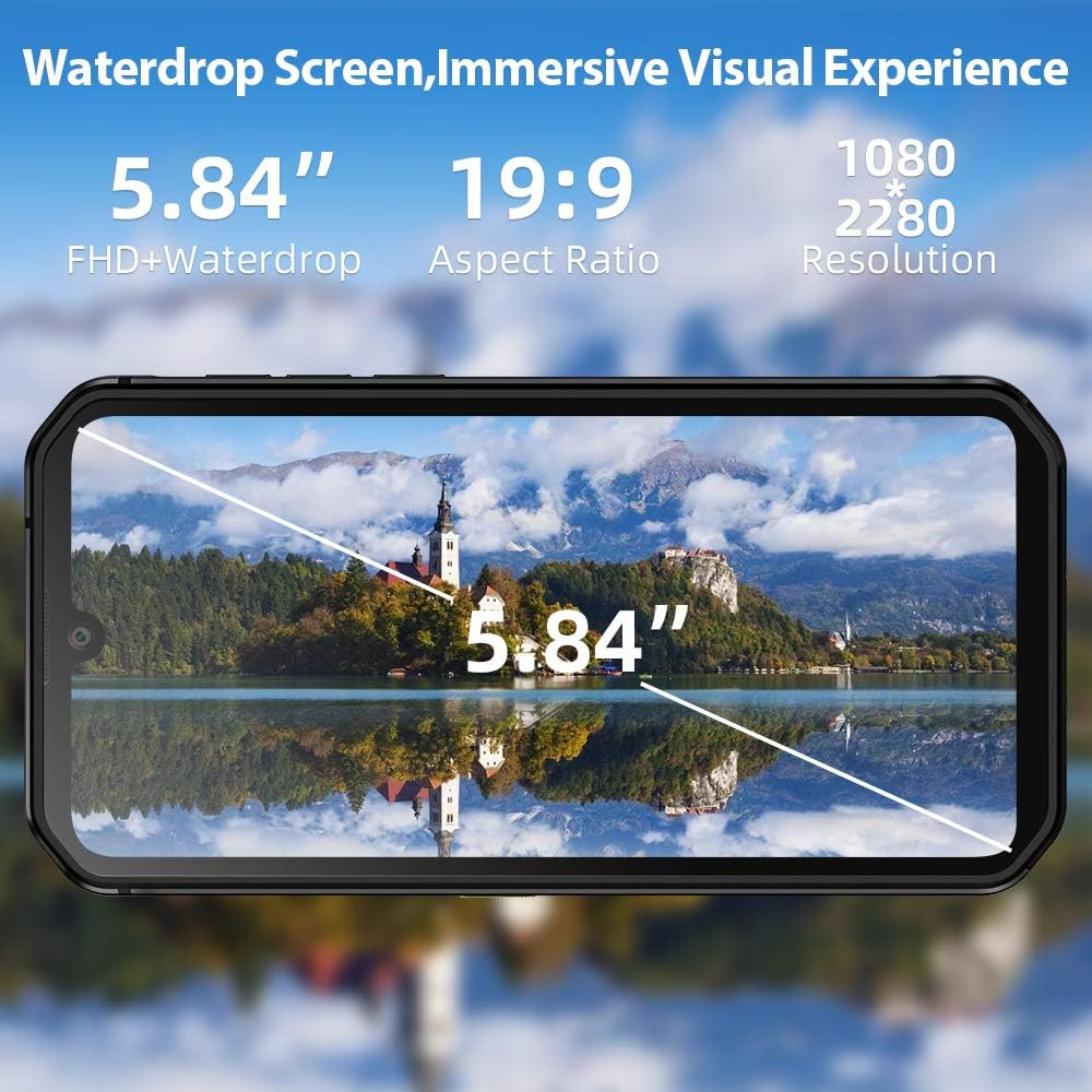Černýview BV9900E smartphone displaying a waterdrop screen with a 5.84-inch FHD+ resolution of 1080x2280 pixels and a 19:9 aspect ratio.