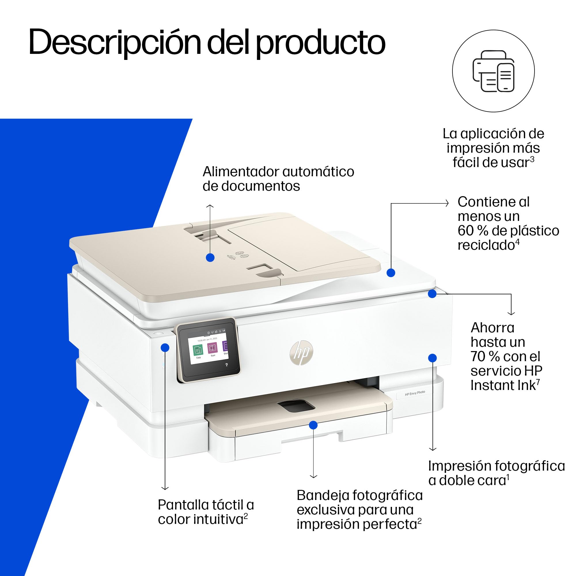 HP Envy Photo 7930, Impresora multifunción de inyección de Tinta A4 a Color, Wi-Fi Doble Banda, impresión automática a Doble Cara, ADF de 35 Hojas, Bandeja para Fotos, 6 Meses de Instant Ink
