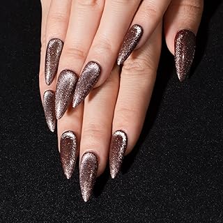 Press-On Nails, Syrup - 24 Pcs Reusable Acrylic False Nails in Stiletto Shape, Medium Long Almond with Cat Eye Design, Full Well Tips, Pink Shimmery Finish, for Women and Girls